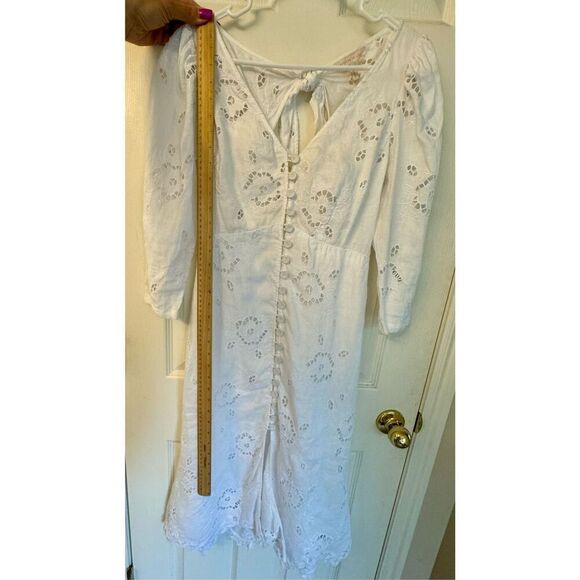 Rebecca Taylor Terri Dress Embroidered White Linen Midi Dress with Tie Back 4 - Picture 9 of 12